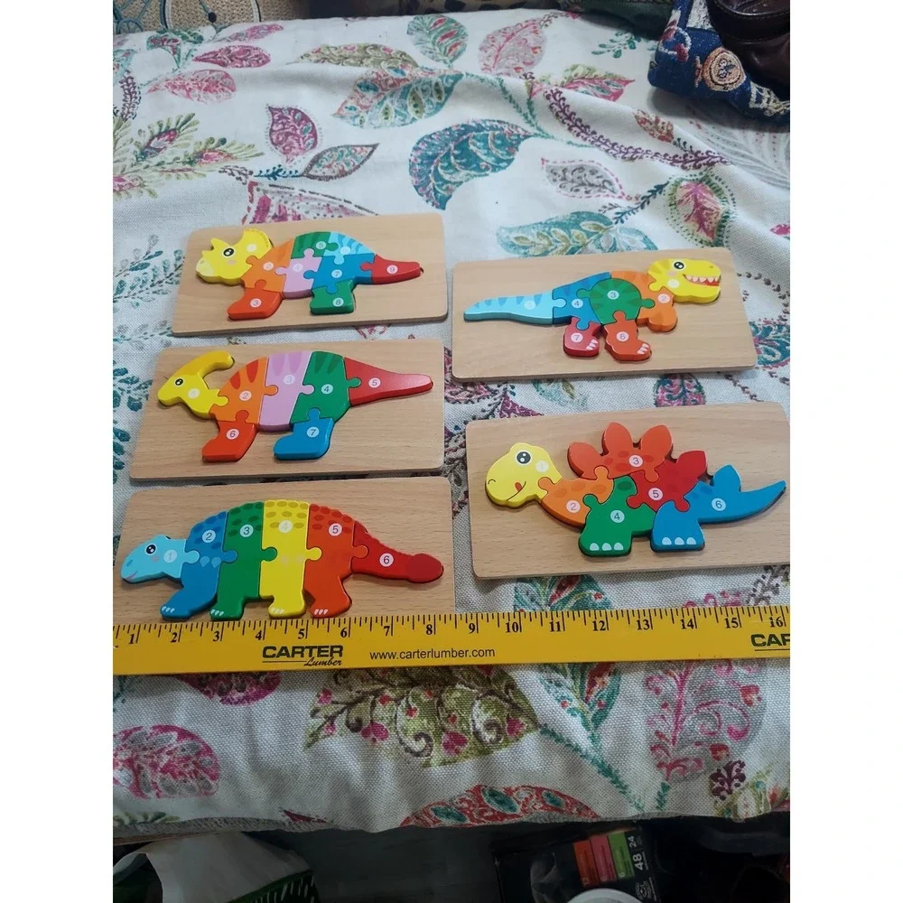 Set of 5 Wood Dinosaur Toddler Number Puzzles 3-5 Montessori Lead-Free Non-Toxic